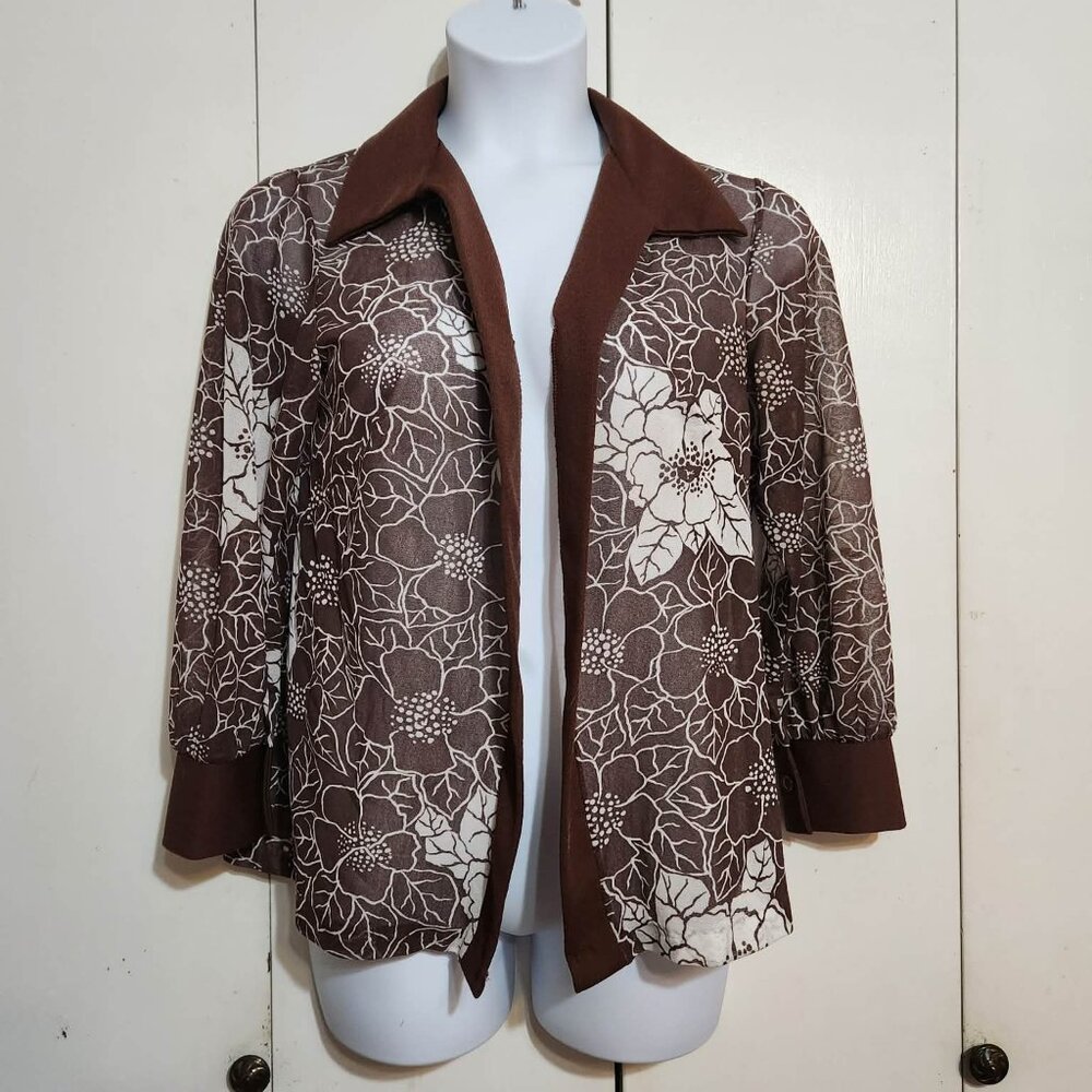 VTG 70s Roamans Sheer Floral Open Front Shirt Jacket Overlay Brown Mod Large